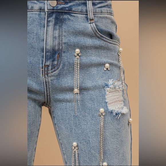 NEW HIGH WAISTED RHINESTONES FRINGE DENIM PANTS - Picture 4 of 4